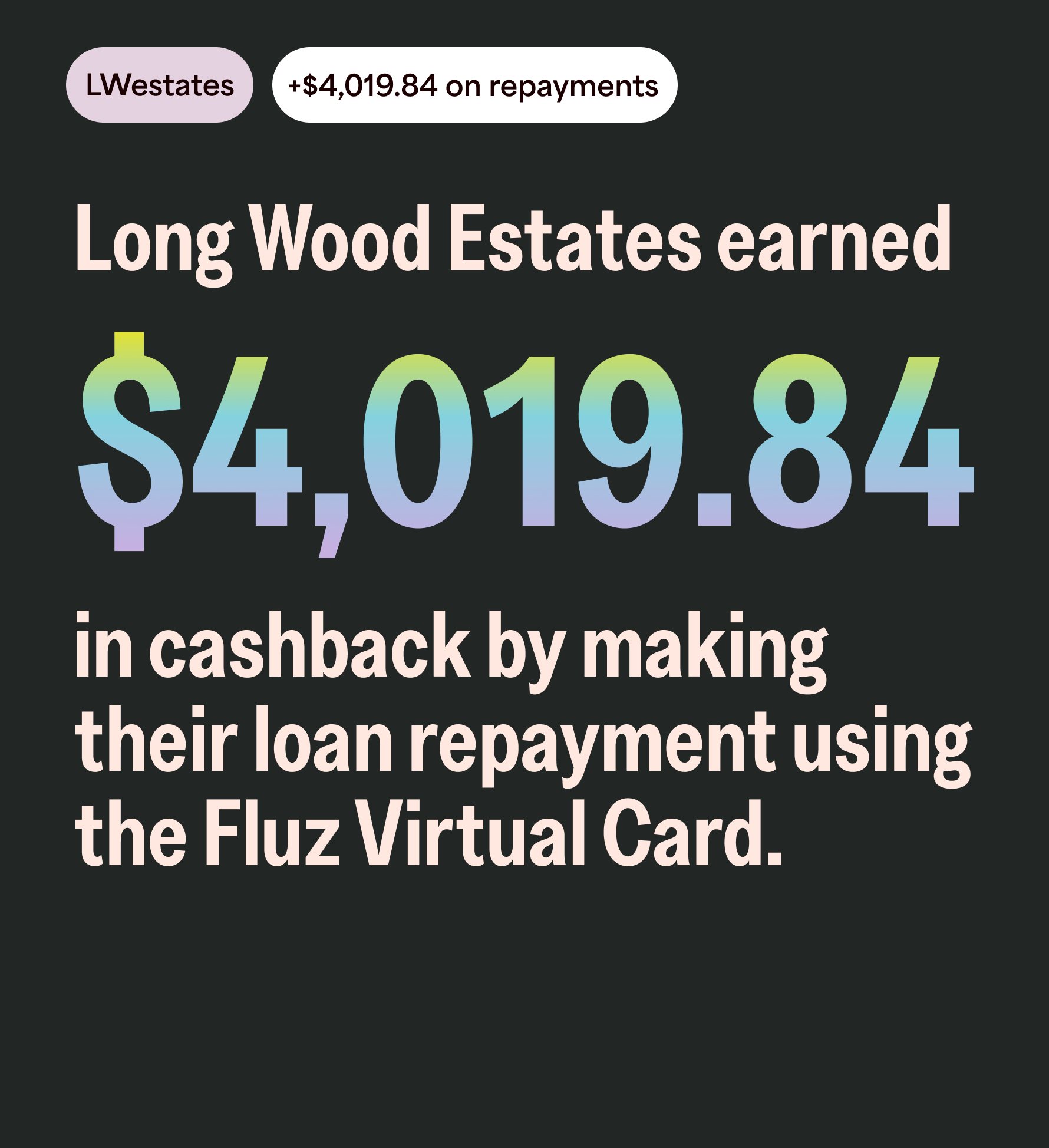 LWestates, +$4,019.84 on repayments. Long Wood Estates earned $4,019.84 in cashback by making their loan repayment using the Fluz Virtual Card.